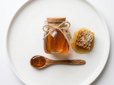 A small glass jar of fresh natural honey with a wooden spoon and a piece of golden honeycomb on a ceramic plate isolated on white background