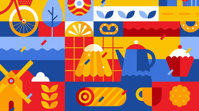 Vibrant patchwork illustration of a countryside scene with a windmill, bicycle, and various food items on a sunny day.