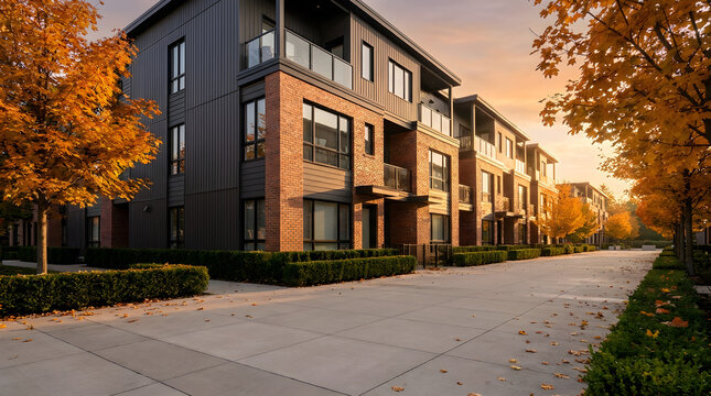 Modern townhouse apartment complex lined with autumn trees, ideal for real estate marketing and residential property listings