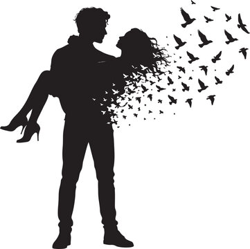 Silhouette of a man holding a woman turning into flying birds Vector