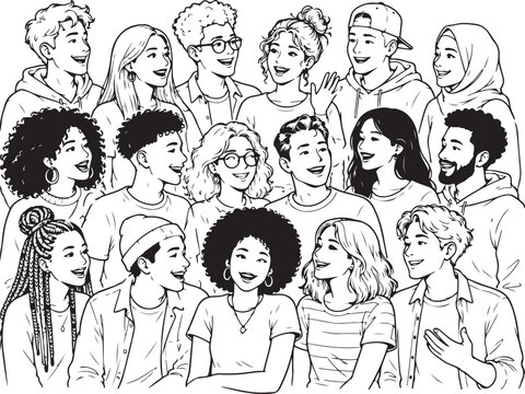 Diverse group of happy young people talking together line art illustration Vector