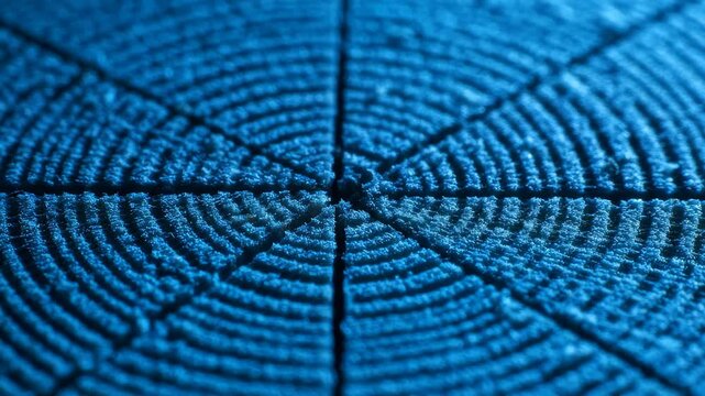Macro view of textured circular wooden surface, transitioning from warm golden light to cool blue tones, highlighting detailed wood grain pattern and concentric geometric radial lines.