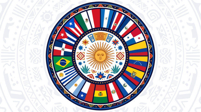 Latin American Flags Arranged in a Circular Emblem with Central Golden Sun