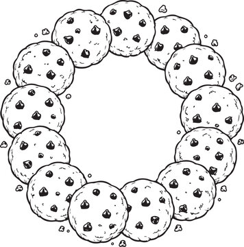 A circular frame made of delicious chocolate chip cookies sketch illustration Vector