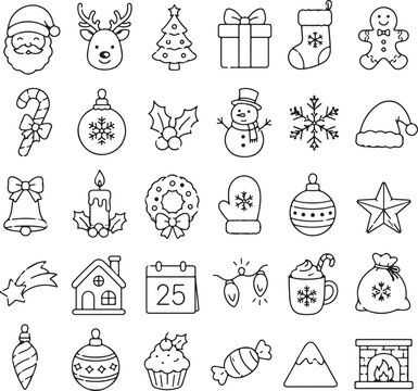 Set of cute hand drawn christmas holiday icons isolated on white background Vector
