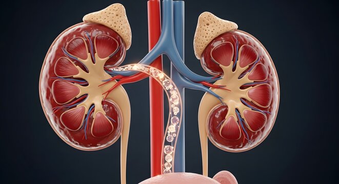 3D medical illustration of human kidneys with renal artery stent placement.