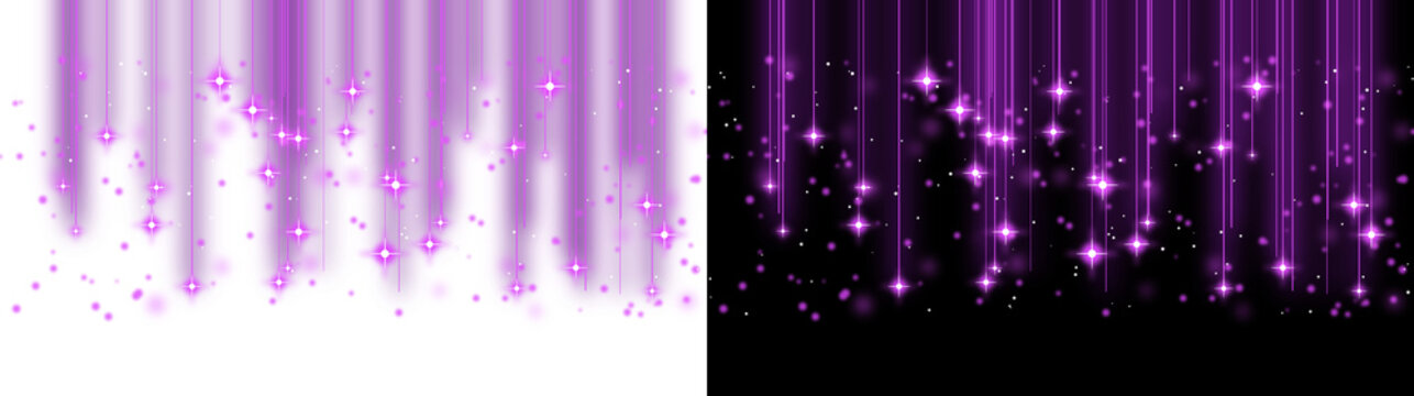 Magical purple falling stars with glowing light trails and sparkling particles element, isolated on transparent background