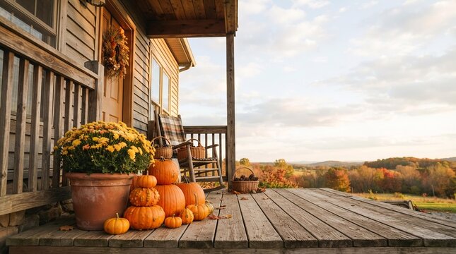 Autumn Porch Decor with Pumpkins and Mums, Seasonal Home Lifestyle Background for Marketing and Social Media