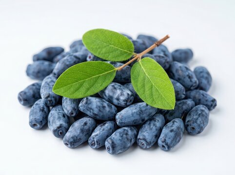 Fresh ripe blue honeysuckle berries with green leaves in a pile isolated on white background