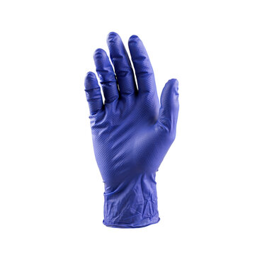 A single blue nitrile rubber glove with a textured surface for improved grip, isolated on a white background, for medical or, laboratory usage
