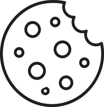 Black and white line art vector icon of a chocolate chip cookie with a bite Vector