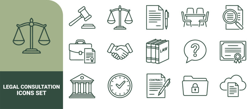 Legal consultation icon set featuring outline symbols of gavel, scales of justice, contracts, courthouse, handshake, and law books in dark green on a white background