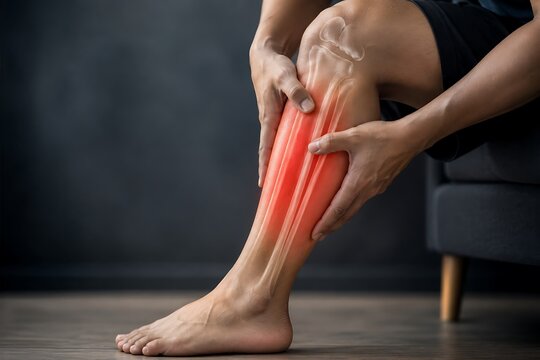 Person suffering from leg calf pain with medical visualization of human lower leg bones.