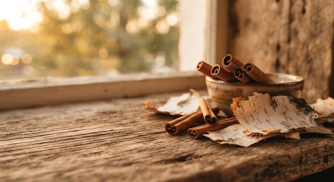 Cinnamon Sticks and Birch Bark on Rustic Windowsill, Cozy Winter Home Decor and Interior Styling Concept