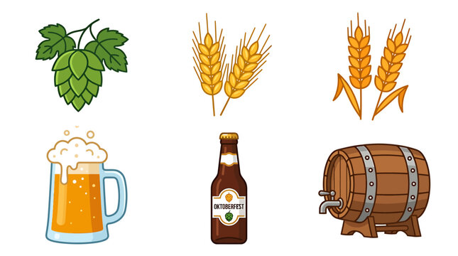 A collection of beer brewing ingredients and beverages on display