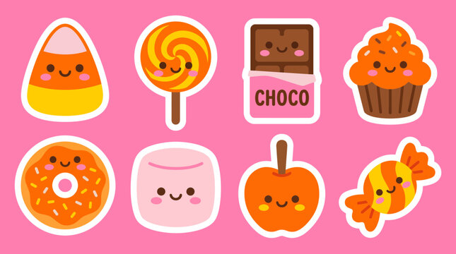 Colorful vector illustration featuring a collection of cute smiling candy characters designed with bright orange and pink artistic graphic elements