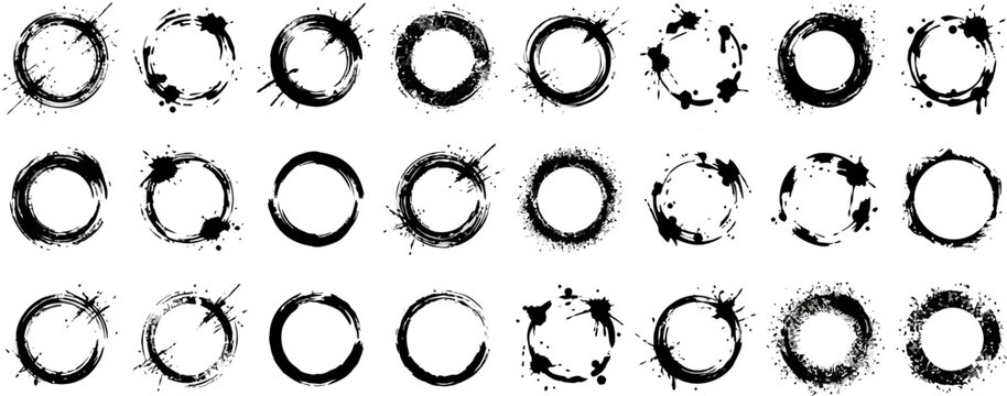 Collection of black ink splatter circles and rings on white background for graphic design
