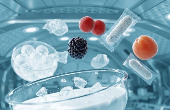 Futuristic space food concept with floating fruits and ice in zero gravity
