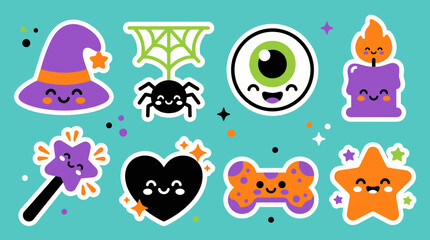 Naklejka premium Collection of cute halloween vector stickers featuring a witch hat spider eyeball candle magic wand heart bone and orange star
