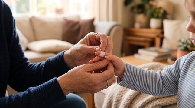 Caring hands apply a bandage to a child's injured finger, symbolizing first aid and nurturing care