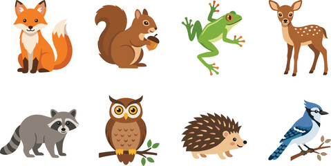 Obraz premium Cute cartoon woodland animals and forest wildlife vector illustration collection isolated on white background