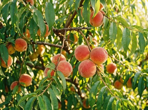 Fresh ripe juicy peaches hanging on a tree branch in a sunny orchard during summer harvest isolated on white background