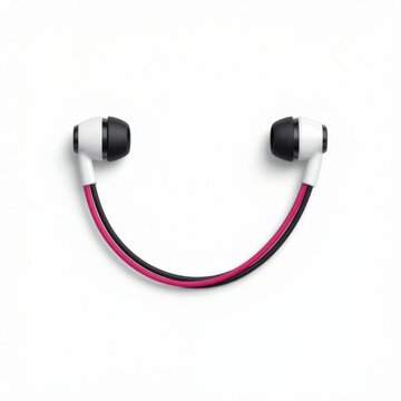 Close up of wired earphones with microphone on white background minimalist design