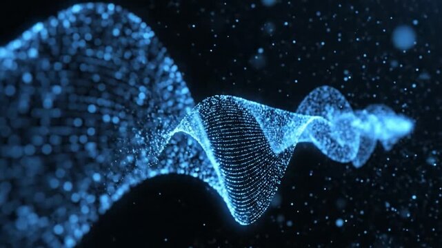 Blue glowing particles moving in a wavy digital line and spiral pattern across dark space