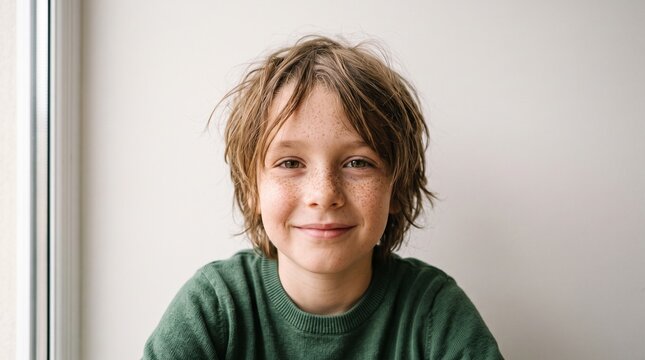 Young boy with freckles smiling wearing a green sweater indoors