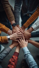 Diverse group of people stacking their hands together in a circle, symbolizing teamwork, collaboration, unity, trust and community in a modern workplace. © Curioso.Photography