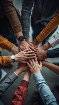 Diverse group of people stacking their hands together in a circle, symbolizing teamwork, collaboration, unity, trust and community in a modern workplace.