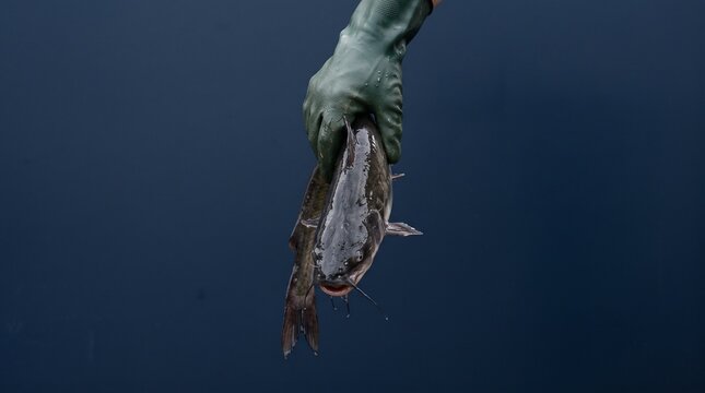 Fisherman holding a freshly caught catfish with whiskers and open mouth against a dark blue background