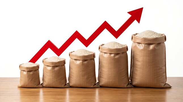 Rice sacks of increasing size on wooden table with red growth arrow