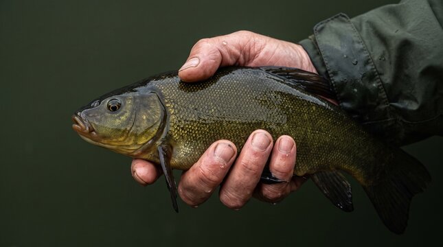 Fisherman Holding a Freshly Caught Tench Fish With Wet Hands and Green Jacket