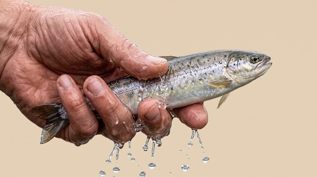 Fisherman holding a small trout fish with water dripping from its body and hands
