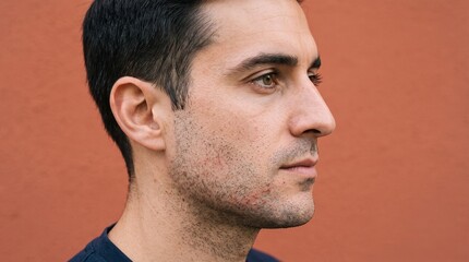 Fototapeta premium Close up profile of a man with acne on his face and stubble