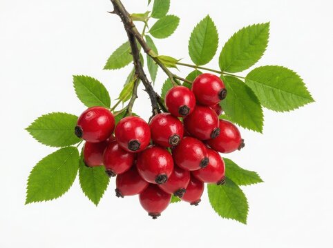 A bunch of fresh red rose hips with green leaves on a branch isolated on white background