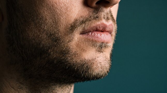 Close up of a man's mouth and stubble beard with a teal background
