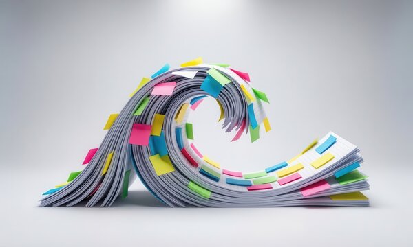 Colorful twisted paper ribbons stack in abstract wave shape on white background