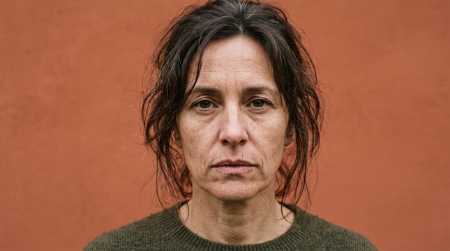 Middle Aged Woman With Serious Expression Against Orange Background