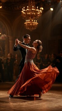Elegant couple performing a graceful ballroom dance in a luxurious ballroom, capturing romance, movement and timeless sophistication under warm ambient lighting.