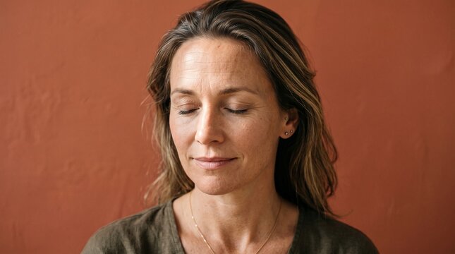 Woman with eyes closed in meditation or deep thought against a textured wall