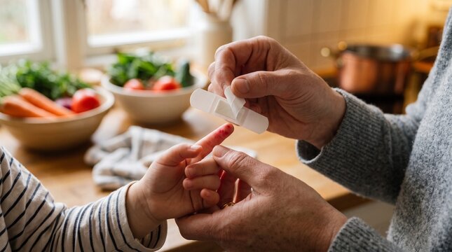Caring Parent Applying Adhesive Bandage to a Small Cut on a Young Child's Finger in a Warm and Domestic Kitchen Setting