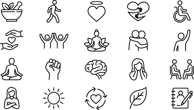 Mental Health and Wellness Line Icon Set featuring Meditation Mindfulness Therapy Community Support Disability Care and Healthy Lifestyle Symbols for App Designs