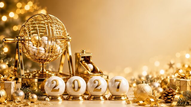 2027 festive jackpot celebration with golden bingo machine, lottery number balls, glowing bokeh, wrapped gifts, ornaments and warm copy space