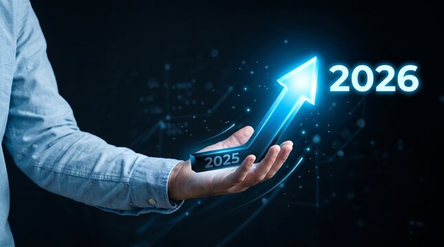 Future business growth 2026 concept, glowing blue arrow rising from 2025 to 2026, financial success and corporate strategy vision