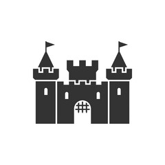 Black silhouette of a medieval castle with turrets and flags, symbolizing history and fantasy, isolated on white © Topik
