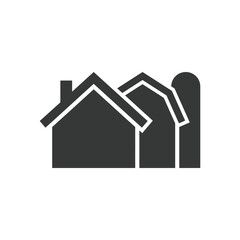 Black silhouette of farm buildings including a house and silo, simple outline icon for agriculture and rural themes © Topik