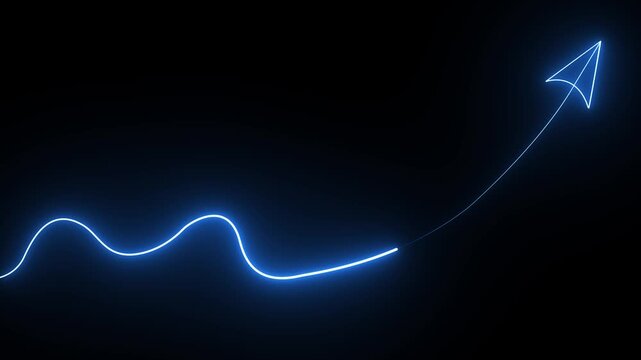 Glowing blue neon paper airplane flying up as a growth chart arrow on a dark black background