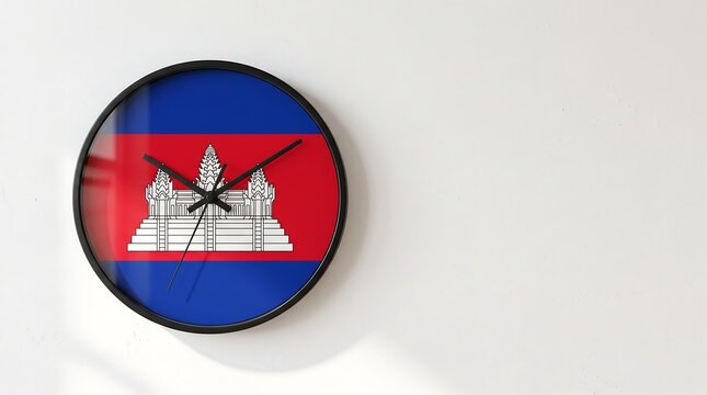 Modern wall clock with Cambodia national flag face mounted on white wall
